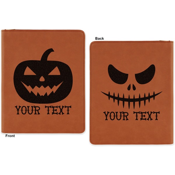 Halloween Pumpkin Cognac Leatherette Zipper Portfolios with Notepad - Double Sided - Apvl