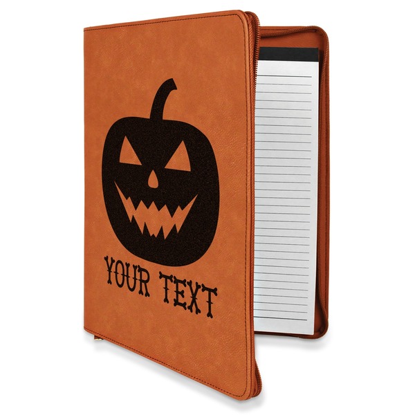 Custom Halloween Pumpkin Leatherette Zipper Portfolio with Notepad - Double Sided (Personalized)
