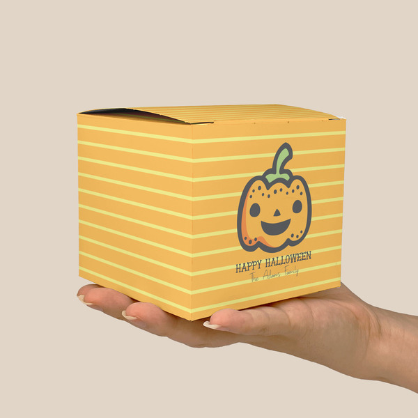Halloween Pumpkin Cube Favor Gift Box - On Hand - Scale View