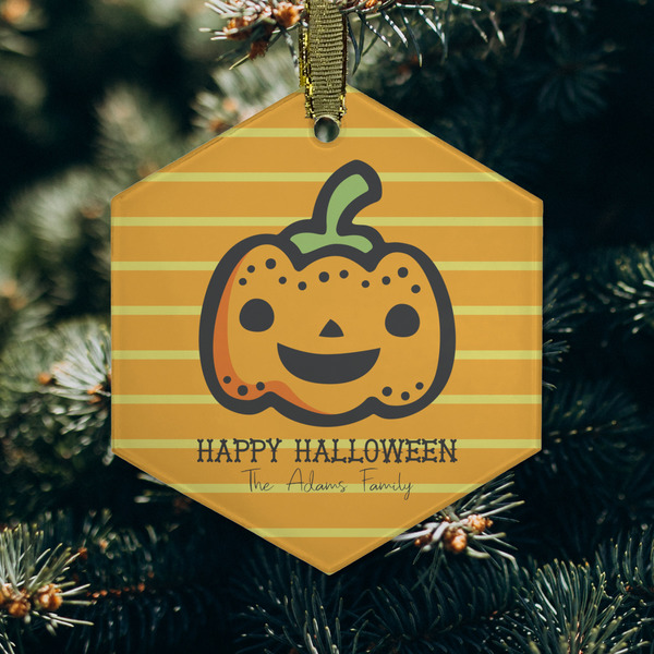 Halloween Pumpkin Frosted Glass Ornament - Hexagon (Lifestyle)