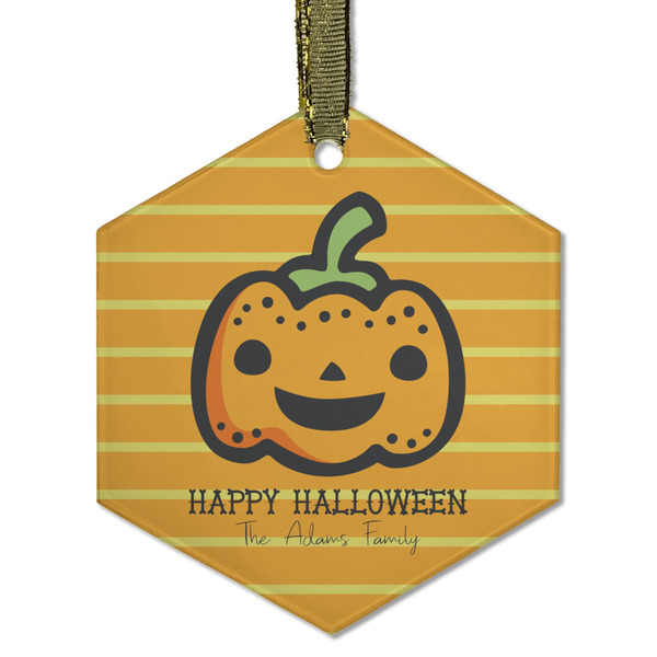 Custom Halloween Pumpkin Flat Glass Ornament - Hexagon w/ Name or Text