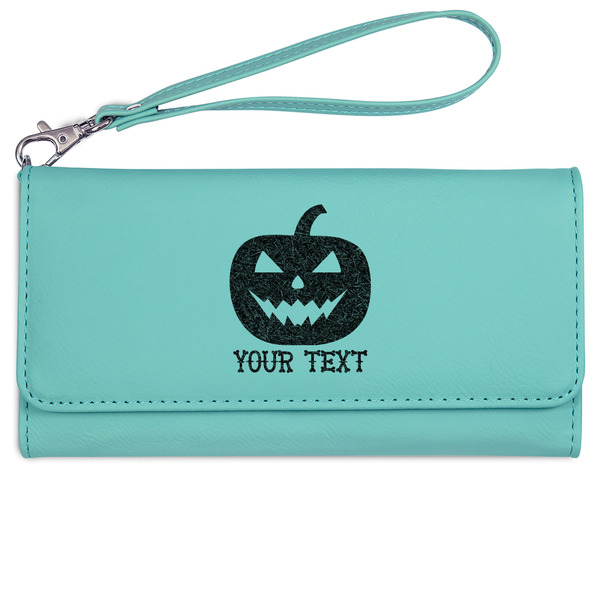 Custom Halloween Pumpkin Ladies Leatherette Wallet - Laser Engraved- Teal (Personalized)