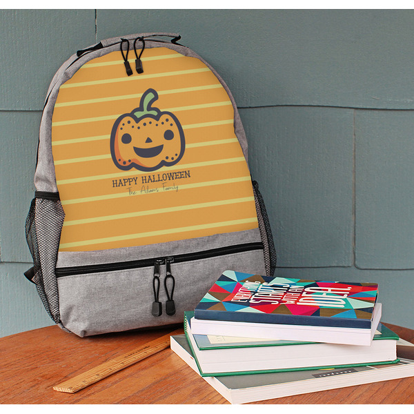 Halloween Pumpkin Large Backpack - Gray - On Desk
