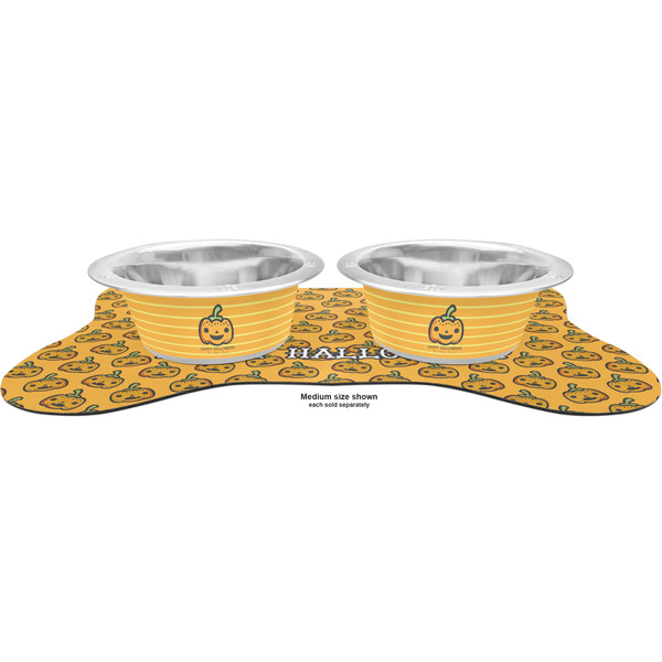 Halloween Pumpkin Metal Pet Bowls - On Dog Bone Shaped Mat