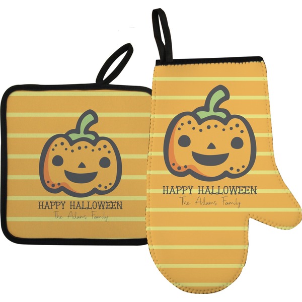 Custom Halloween Pumpkin Oven Mitt & Pot Holder Set w/ Name or Text