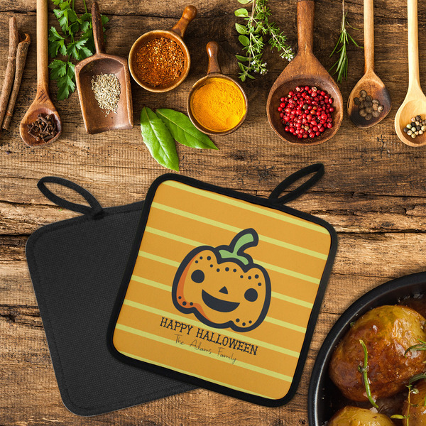 Halloween Pumpkin Neoprene Pot Holder - Set of 2  LIFESTYLE (Flatlay)