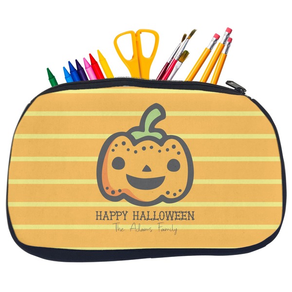 Custom Halloween Pumpkin Neoprene Pencil Case - Medium w/ Name or Text
