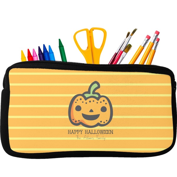 Custom Halloween Pumpkin Neoprene Pencil Case - Small w/ Name or Text