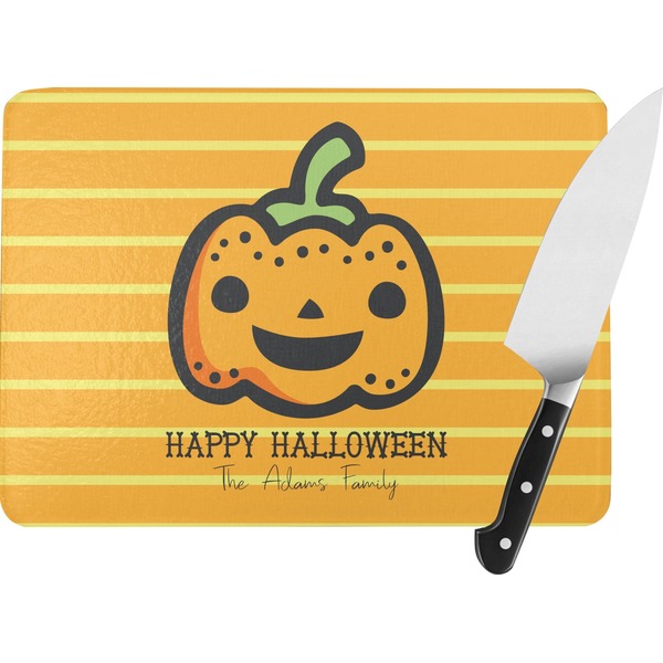 Custom Halloween Pumpkin Rectangular Glass Cutting Board - Large - 15.25"x11.25" w/ Name or Text