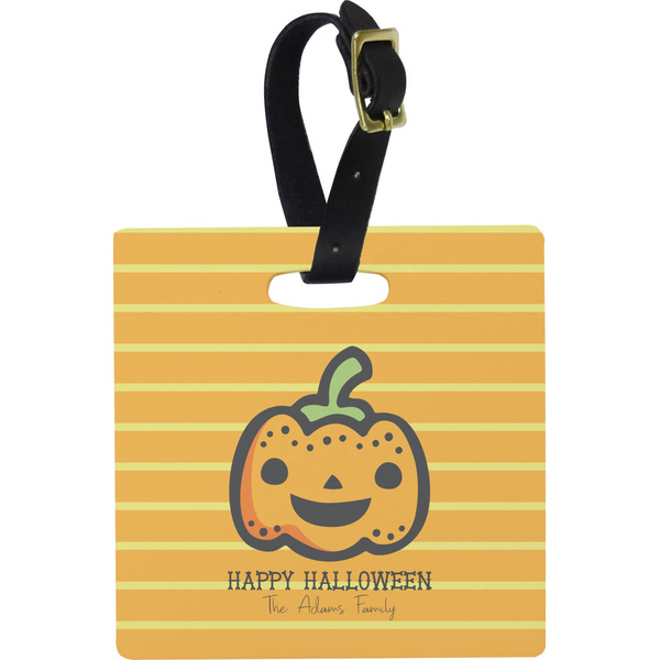 Custom Halloween Pumpkin Plastic Luggage Tag - Square w/ Name or Text