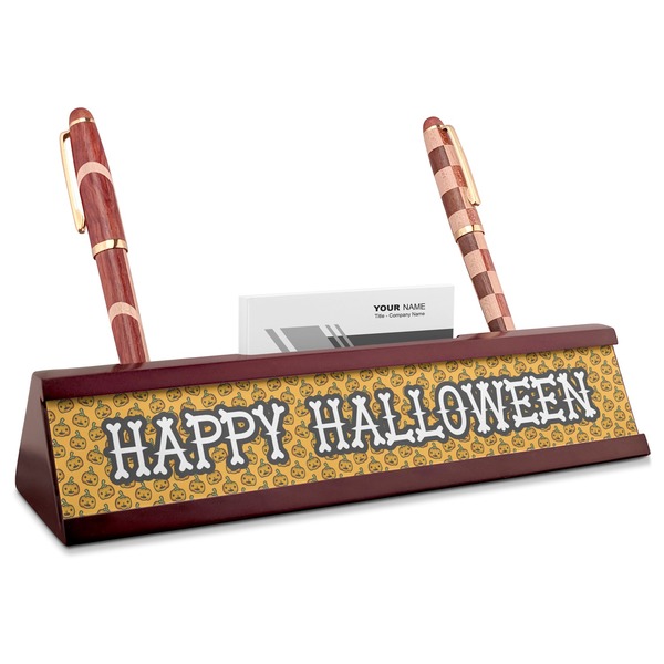 Custom Halloween Pumpkin Red Mahogany Nameplate with Business Card Holder (Personalized)