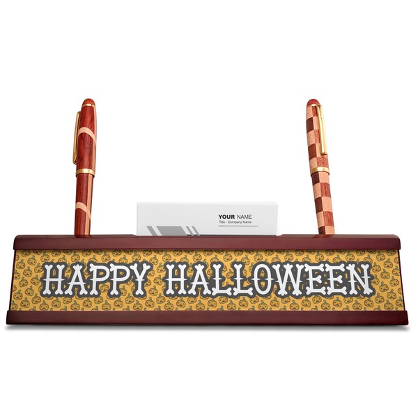 Halloween Pumpkin Red Mahogany Nameplates with Business Card Holder - Straight