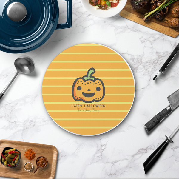 Halloween Pumpkin Round Stone Trivet - In Context View