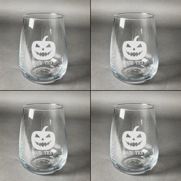 Halloween Pumpkin Set of Four Personalized Stemless Wineglasses (Approval)
