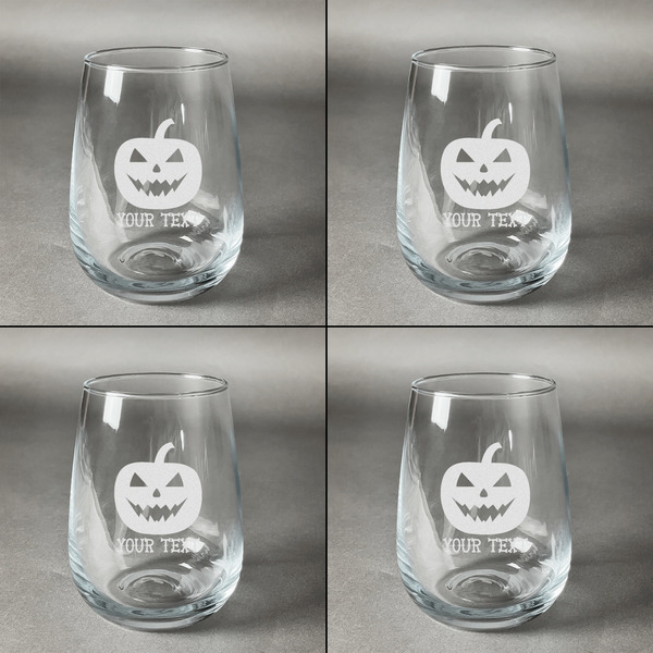 Halloween Pumpkin Set of Four Personalized Stemless Wineglasses (Approval)