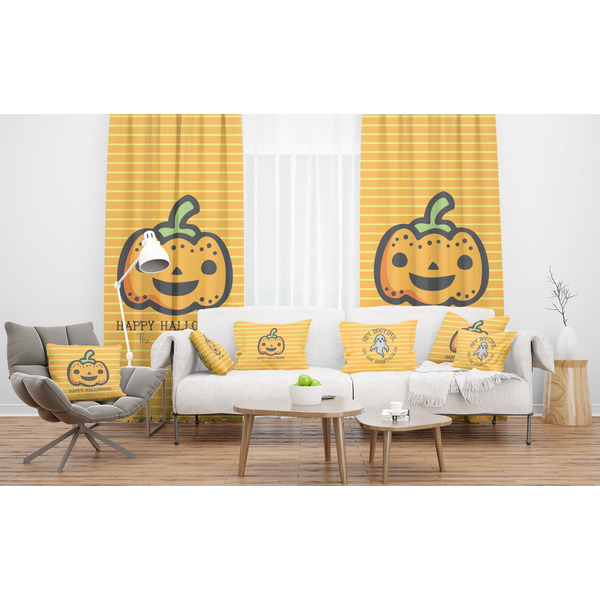Halloween Pumpkin Sheer and Custom Curtains in Room with Matching Pillows