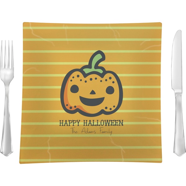 Custom Halloween Pumpkin 9.5" Glass Square Lunch / Dinner Plate- Single or Set of 4 (Personalized)