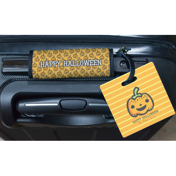 Halloween Pumpkin Square Luggage Tag & Handle Wrap - In Context