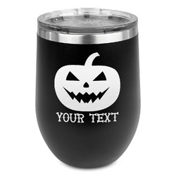 Halloween Pumpkin Stemless Stainless Steel Wine Tumbler - Black - Double Sided (Personalized)
