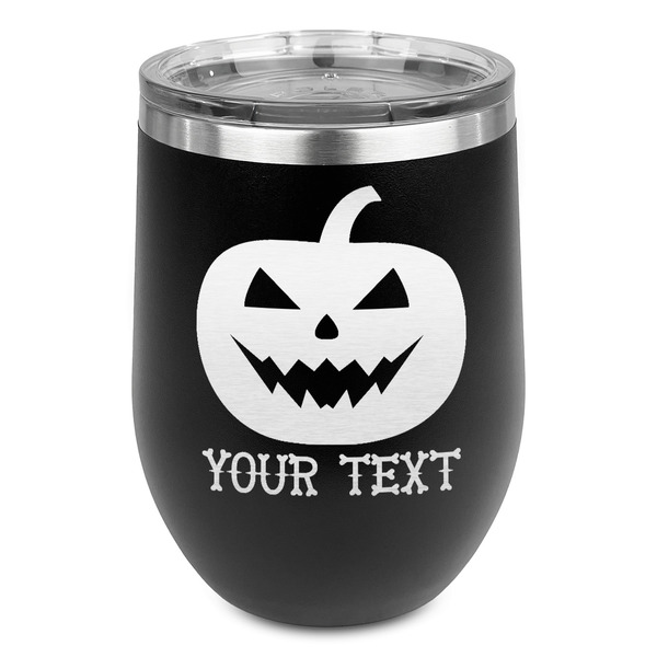 Custom Halloween Pumpkin Stemless Stainless Steel Wine Tumbler - Black - Single Sided (Personalized)