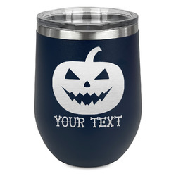 Halloween Pumpkin Stemless Stainless Steel Wine Tumbler - Navy - Double Sided (Personalized)