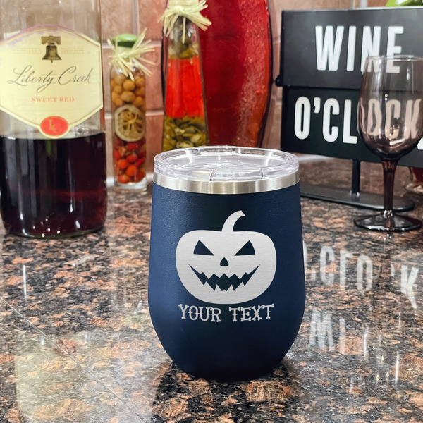 Halloween Pumpkin Stainless Wine Tumblers - Navy - Single Sided - In Context