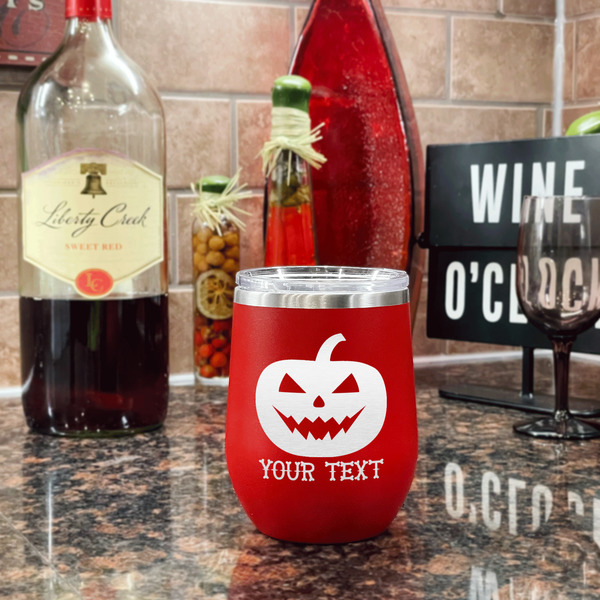 Halloween Pumpkin Stainless Wine Tumblers - Red - Single Sided - In Context