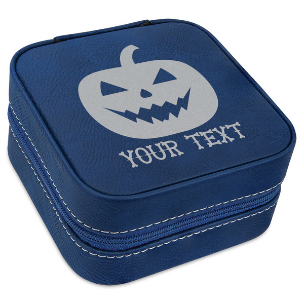 Custom Halloween Pumpkin Travel Jewelry Box - Navy Blue Leather (Personalized)