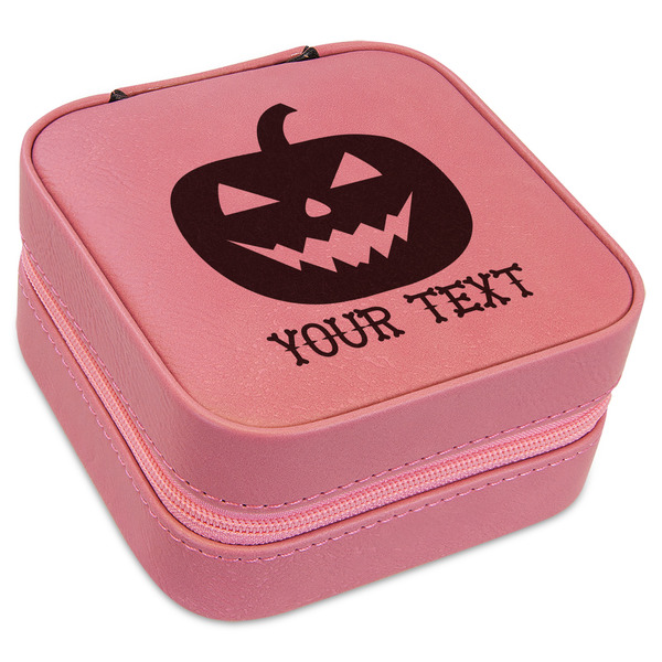 Custom Halloween Pumpkin Travel Jewelry Boxes - Pink Leather (Personalized)