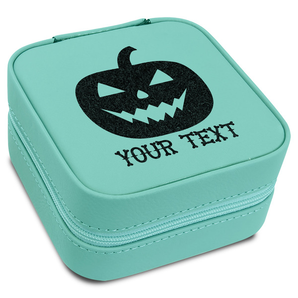 Custom Halloween Pumpkin Travel Jewelry Box - Teal Leather (Personalized)