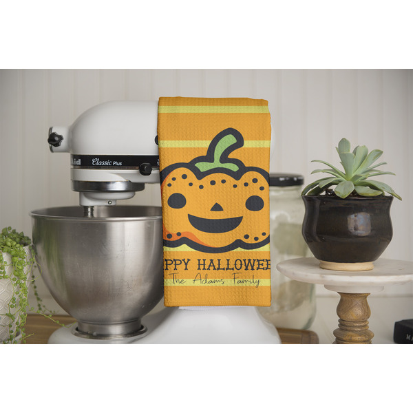 Halloween Pumpkin Waffle Weave Towel - Full Color Print - Lifestyle Image