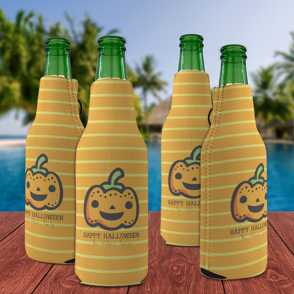 Halloween Pumpkin Zipper Bottle Cooler - Set of 4 - LIFESTYLE