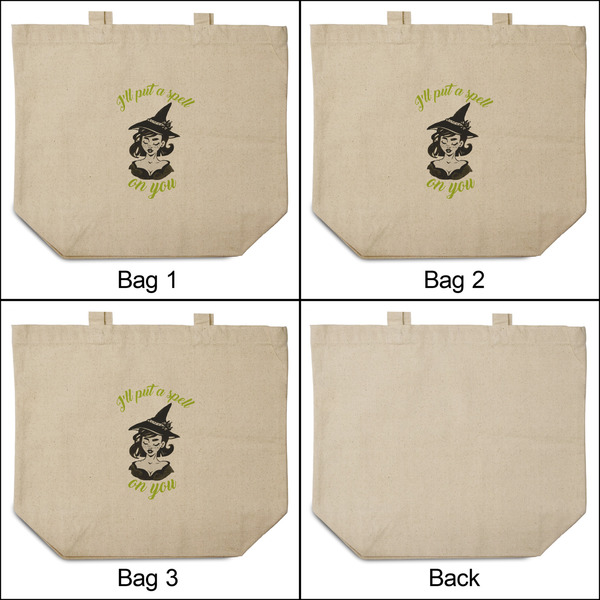 Witches On Halloween 3 Reusable Cotton Grocery Bags - Front & Back View