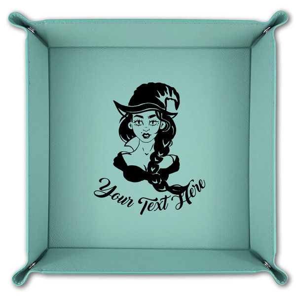 Witches On Halloween 9" x 9" Teal Leatherette Snap Up Tray - FOLDED