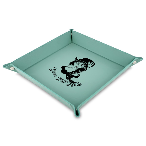 Custom Witches On Halloween 9" x 9" Teal Faux Leather Valet Tray (Personalized)