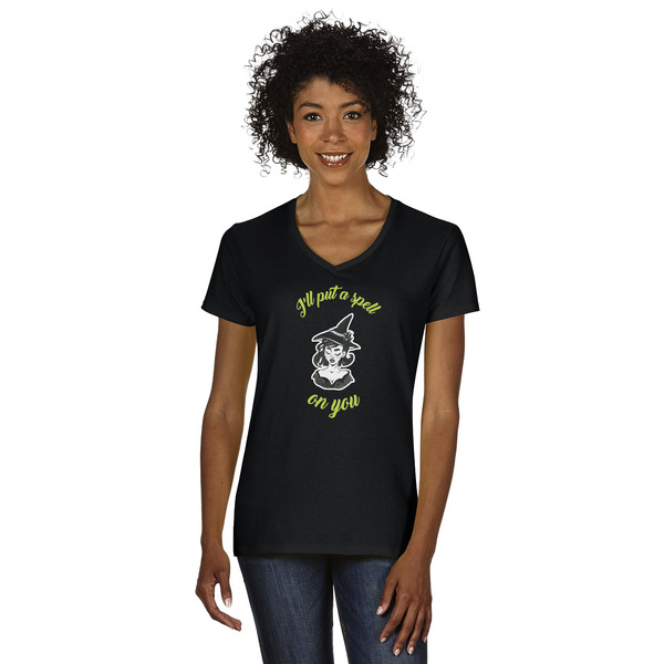 Custom Witches On Halloween Women's V-Neck T-Shirt - Black (Personalized)