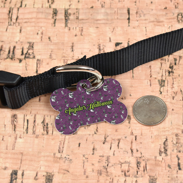 Witches On Halloween Bone Shaped Dog ID Tag - Large - In Context
