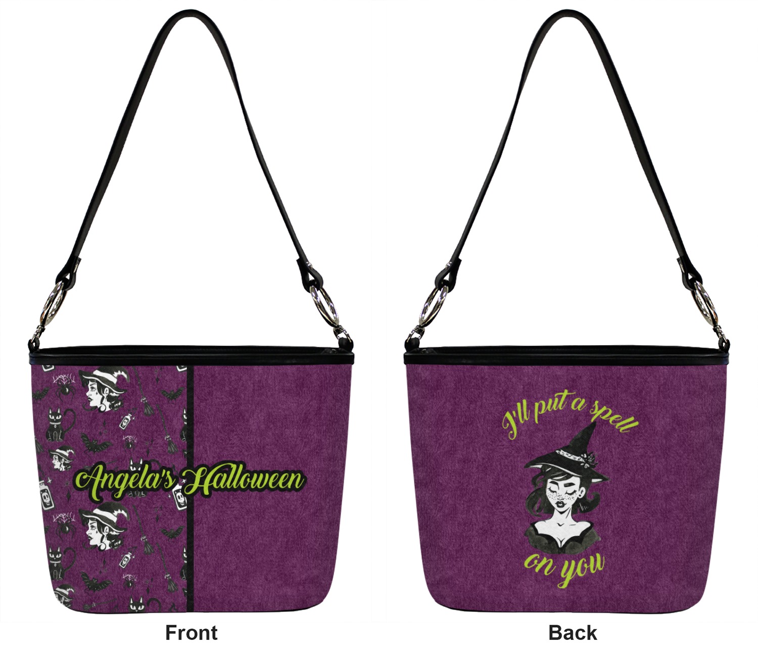 Personalized Large Front Witches On Halloween Bucket Bags w/Genuine Leather Trim