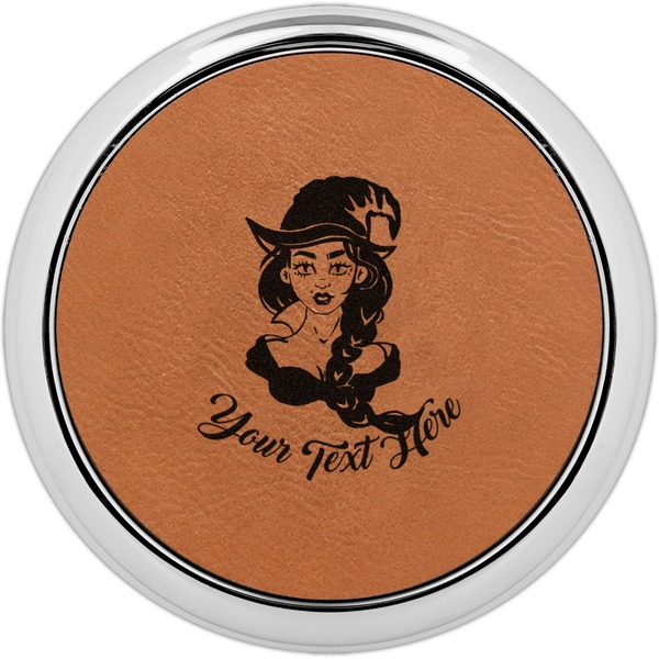 Custom Witches On Halloween Set of 4 Leatherette Round Coasters w/ Silver Edge (Personalized)