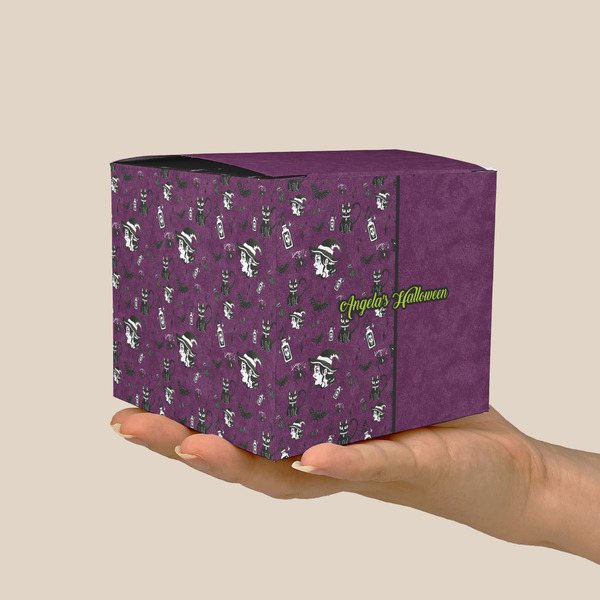 Witches On Halloween Cube Favor Gift Box - On Hand - Scale View