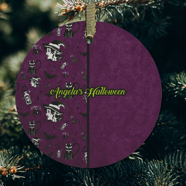 Witches On Halloween Frosted Glass Ornament - Round (Lifestyle)
