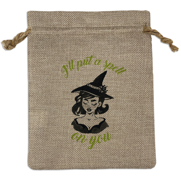 Custom Witches On Halloween Medium Burlap Gift Bag - Front (Personalized)