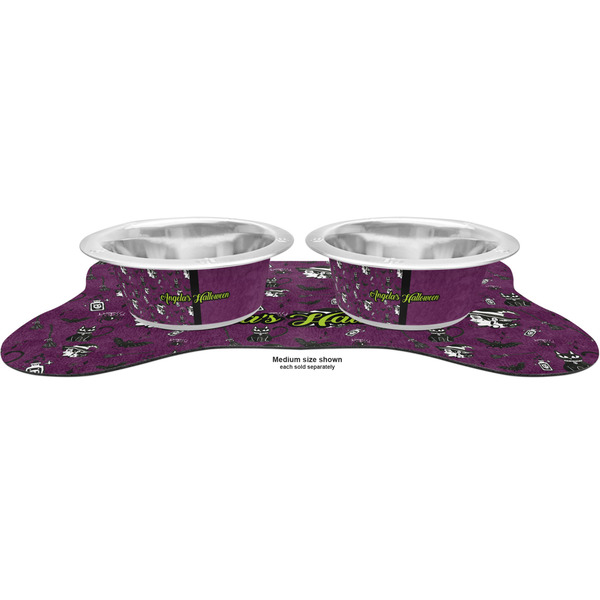 Witches On Halloween Metal Pet Bowls - On Dog Bone Shaped Mat
