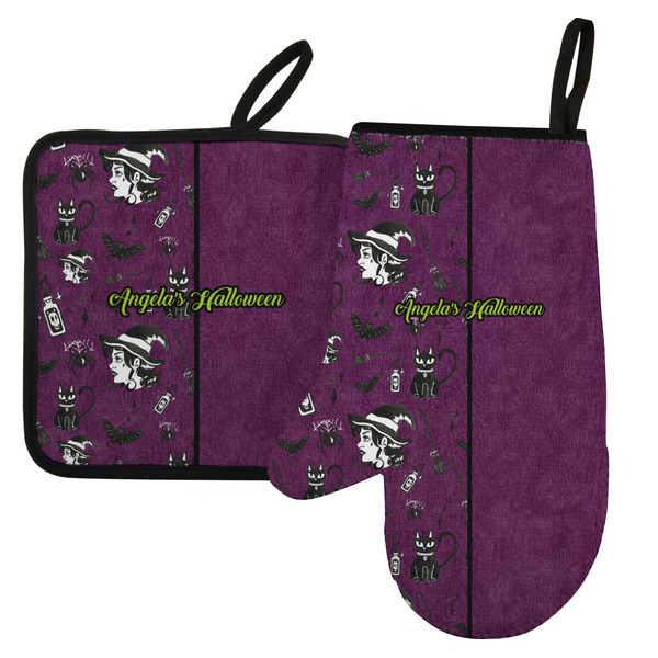 Custom Witches On Halloween Left Oven Mitt & Pot Holder Set w/ Name or Text