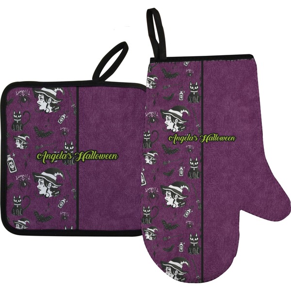 Custom Witches On Halloween Right Oven Mitt & Pot Holder Set w/ Name or Text