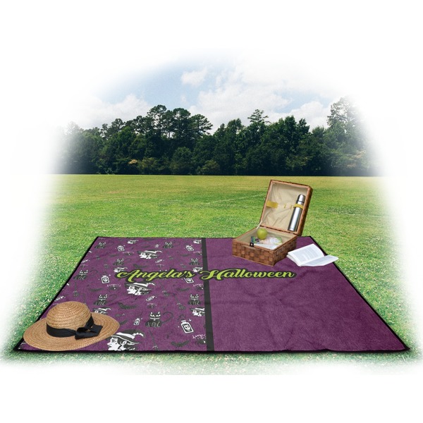 Witches On Halloween Picnic Blanket - with Basket Hat and Book - in Use