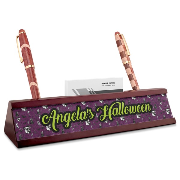 Custom Witches On Halloween Red Mahogany Nameplate with Business Card Holder (Personalized)