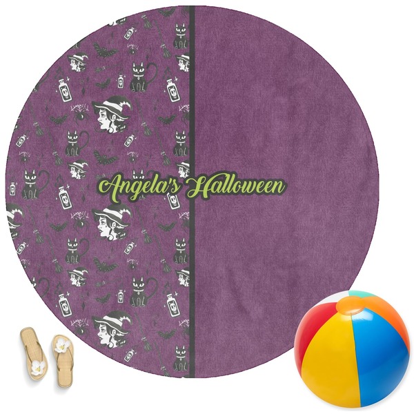 Custom Witches On Halloween Round Beach Towel (Personalized)