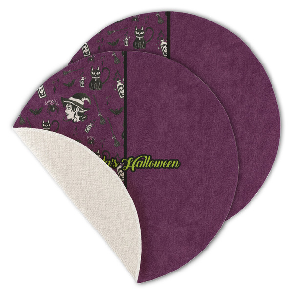 Custom Witches On Halloween Round Linen Placemat - Single Sided - Set of 4 (Personalized)