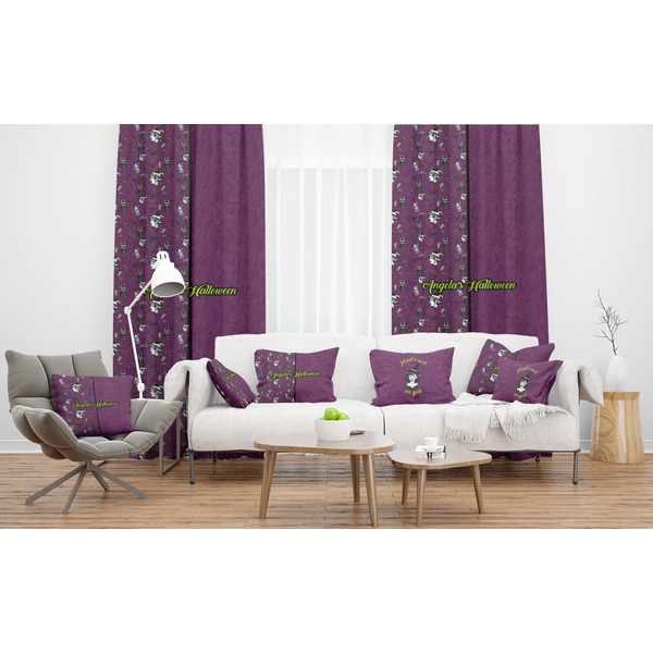 Witches On Halloween Sheer and Custom Curtains in Room with Matching Pillows